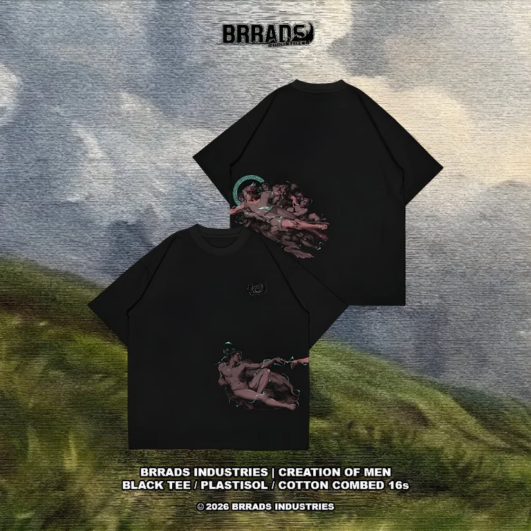 Tampilan depan dan belakang kaos hitam BRRADS Creation of Men